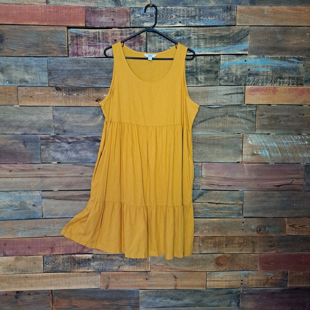 Croft & Barrow Sleeveless Midi Dress Mustard Yellow Size PXL Linen Blend Pockets